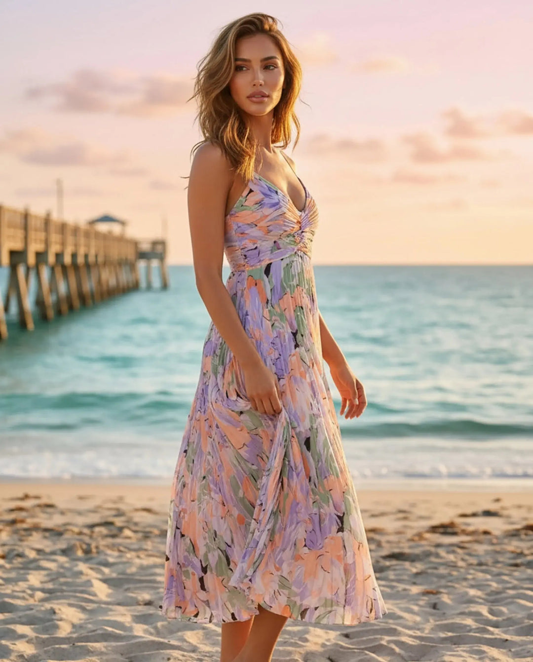 Floral Pleated Midi Dress with V-Neck