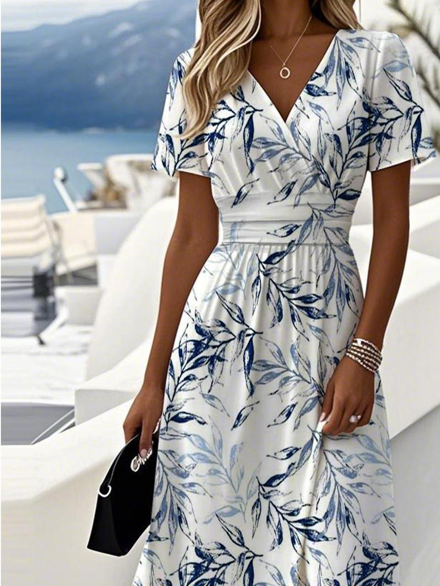 Floral V-Neck Fit-and-Flare Midi Dress with Short Sleeves