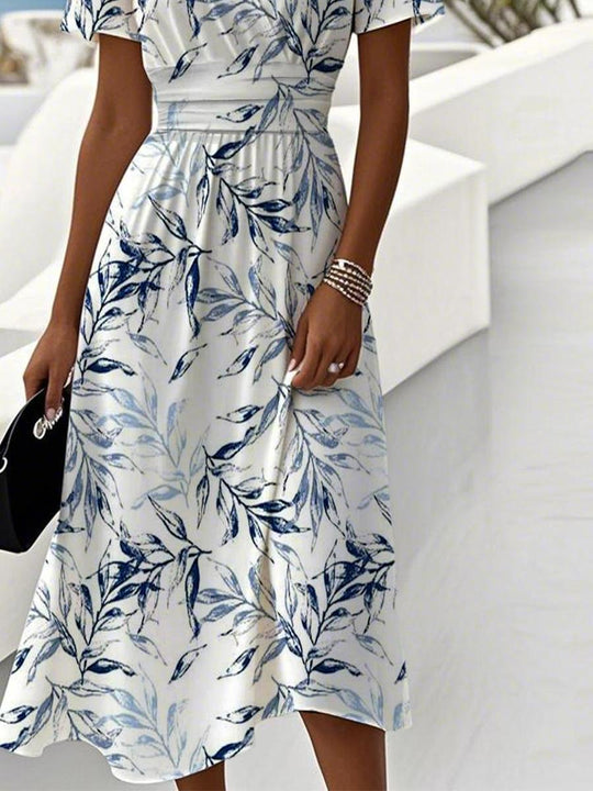 Floral V-Neck Fit-and-Flare Midi Dress with Short Sleeves
