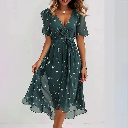 Floral Wrap A-Line Midi Dress with Short Sleeves