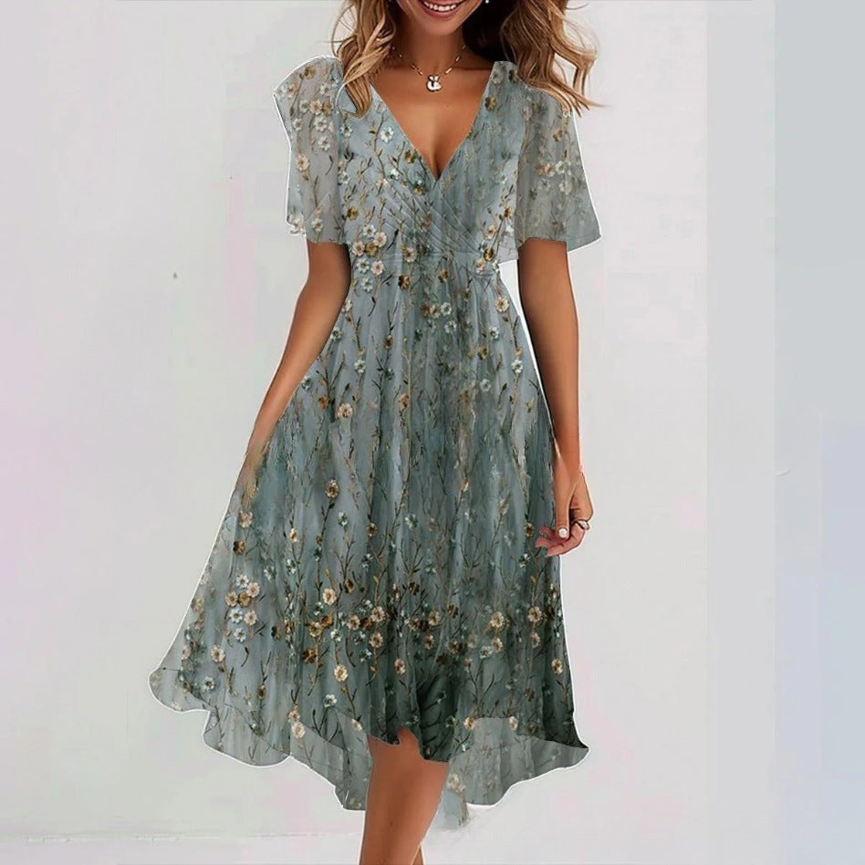 Floral Wrap A-Line Midi Dress with Short Sleeves