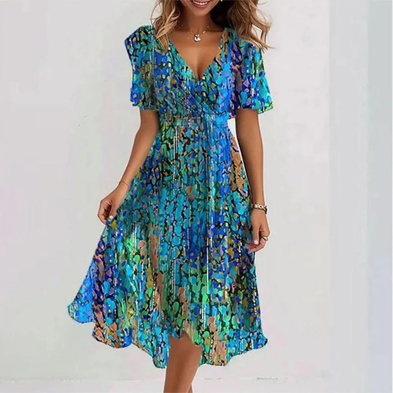 Floral Wrap A-Line Midi Dress with Short Sleeves