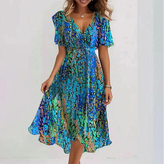 Floral Wrap A-Line Midi Dress with Short Sleeves