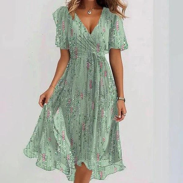Floral Wrap A-Line Midi Dress with Short Sleeves