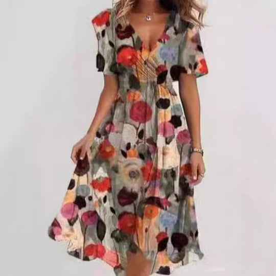 Floral Wrap A-Line Midi Dress with Short Sleeves
