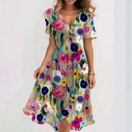 Floral Wrap A-Line Midi Dress with Short Sleeves