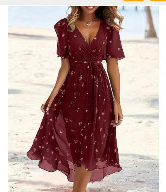Floral Wrap A-Line Midi Dress with Short Sleeves