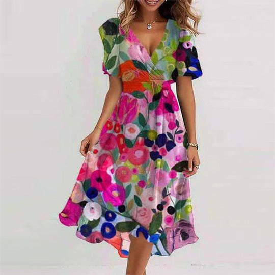 Floral Wrap A-Line Midi Dress with Short Sleeves