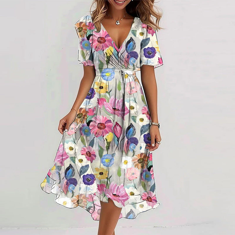 Floral Wrap A-Line Midi Dress with Short Sleeves