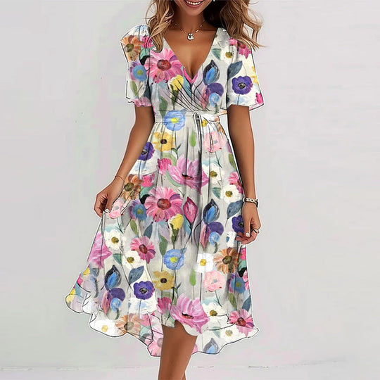 Floral Wrap A-Line Midi Dress with Short Sleeves
