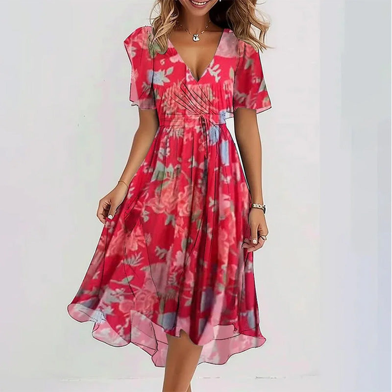 Floral Wrap A-Line Midi Dress with Short Sleeves