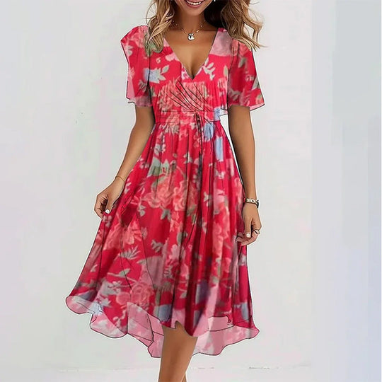 Floral Wrap A-Line Midi Dress with Short Sleeves
