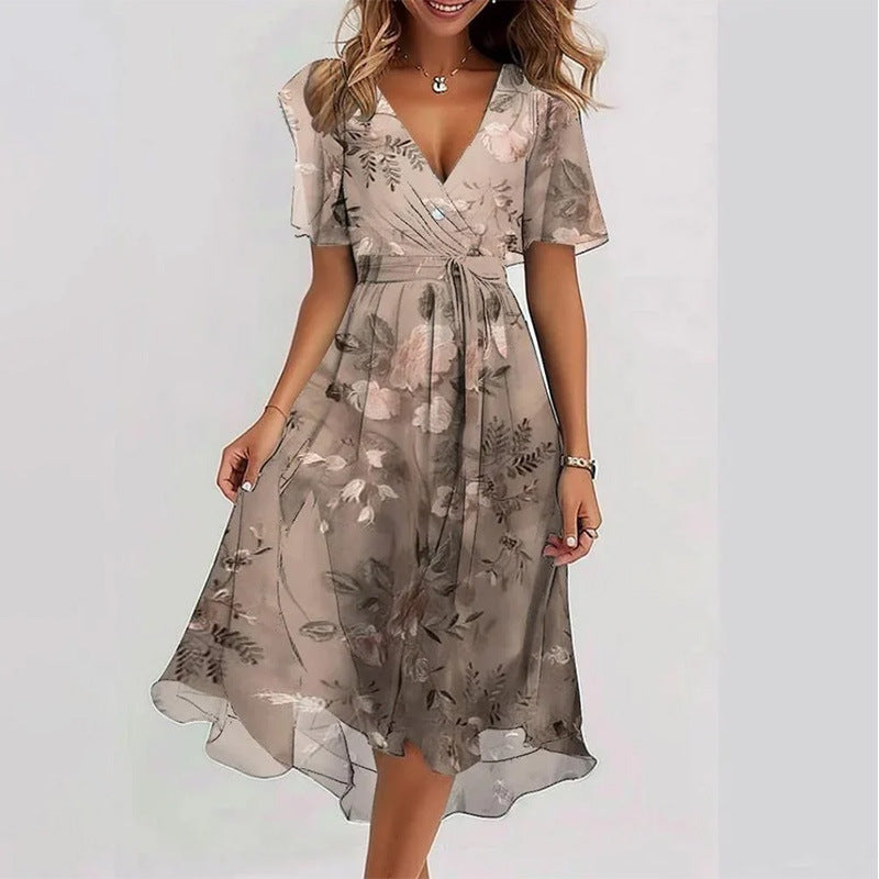 Floral Wrap A-Line Midi Dress with Short Sleeves