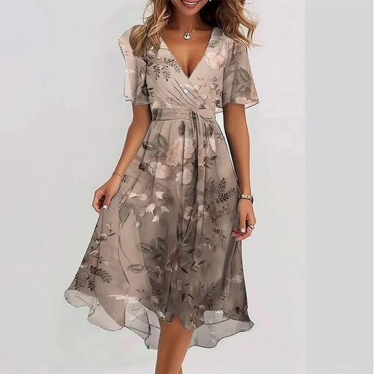 Floral Wrap A-Line Midi Dress with Short Sleeves