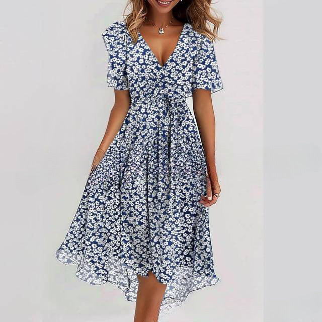 Floral Wrap A-Line Midi Dress with Short Sleeves