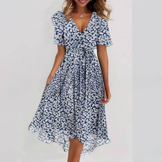 Floral Wrap A-Line Midi Dress with Short Sleeves