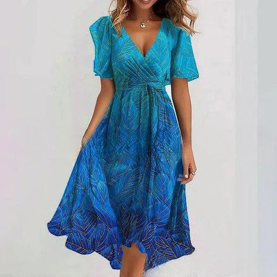 Floral Wrap A-Line Midi Dress with Short Sleeves