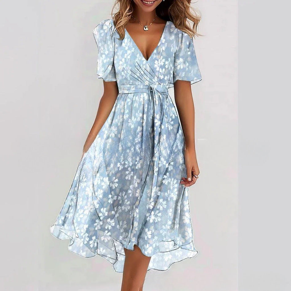 Floral Wrap A-Line Midi Dress with Short Sleeves
