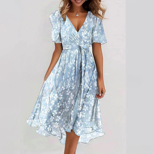 Floral Wrap A-Line Midi Dress with Short Sleeves