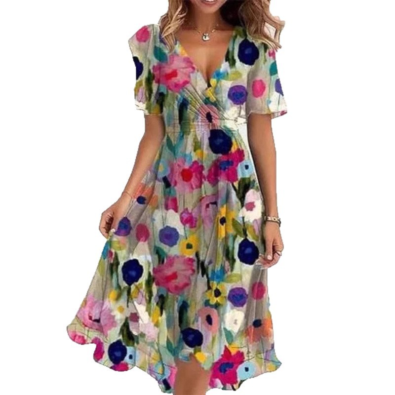Floral Wrap A-Line Midi Dress with Short Sleeves