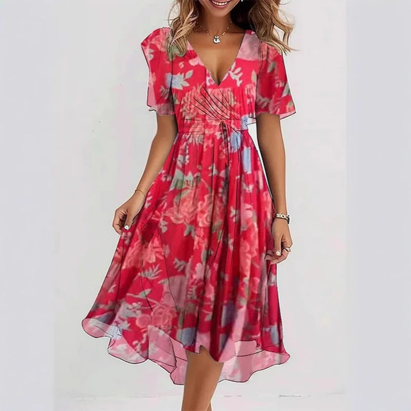 Floral Wrap A-Line Midi Dress with Short Sleeves