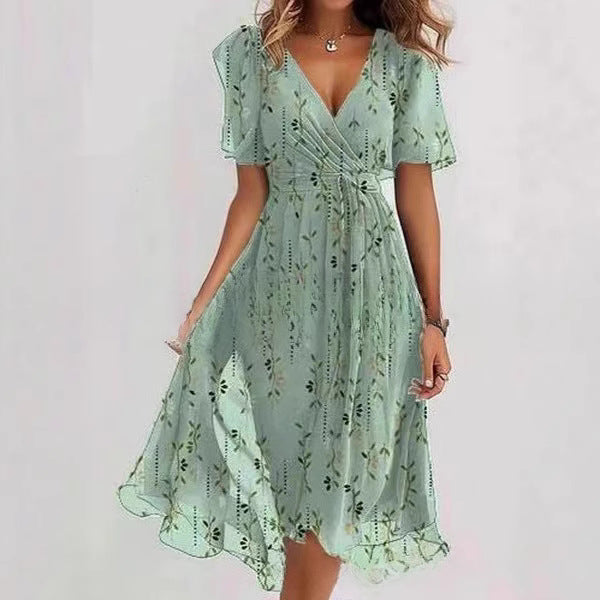 Floral Wrap A-Line Midi Dress with Short Sleeves