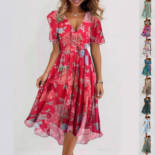 Floral Wrap A-Line Midi Dress with Short Sleeves