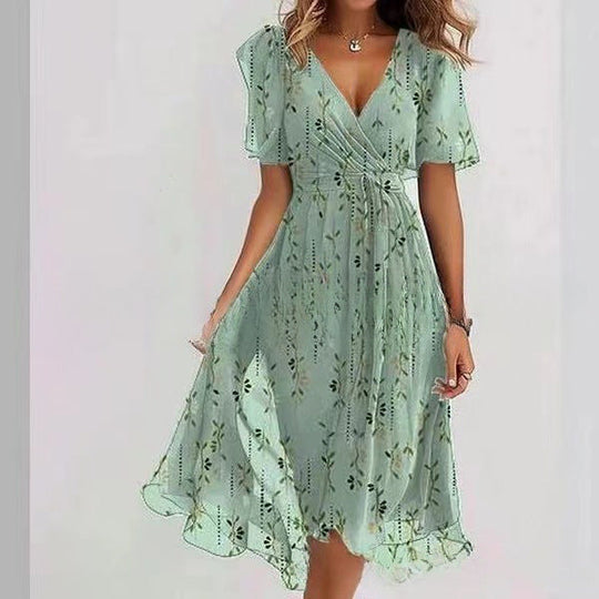 Floral Wrap A-Line Midi Dress with Short Sleeves