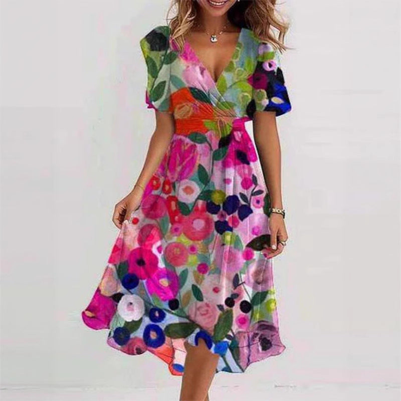 Floral Wrap A-Line Midi Dress with Short Sleeves