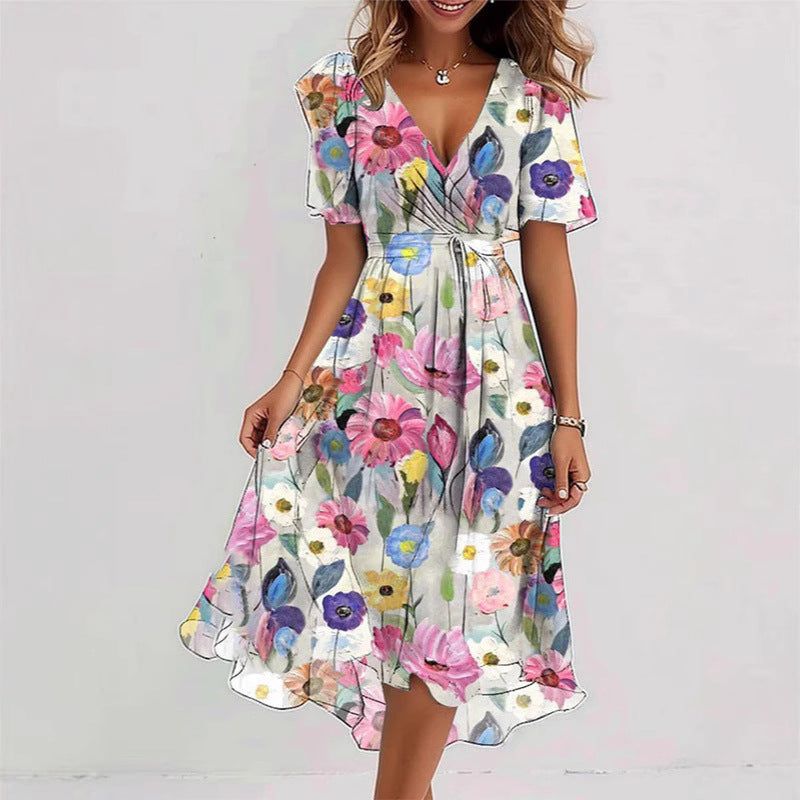 Floral Wrap A-Line Midi Dress with Short Sleeves