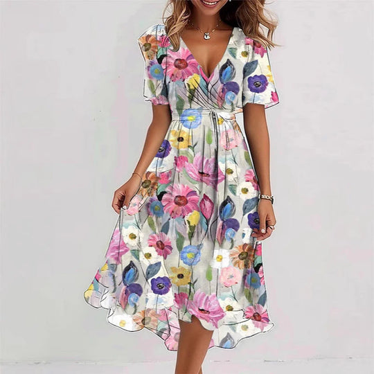 Floral Wrap A-Line Midi Dress with Short Sleeves