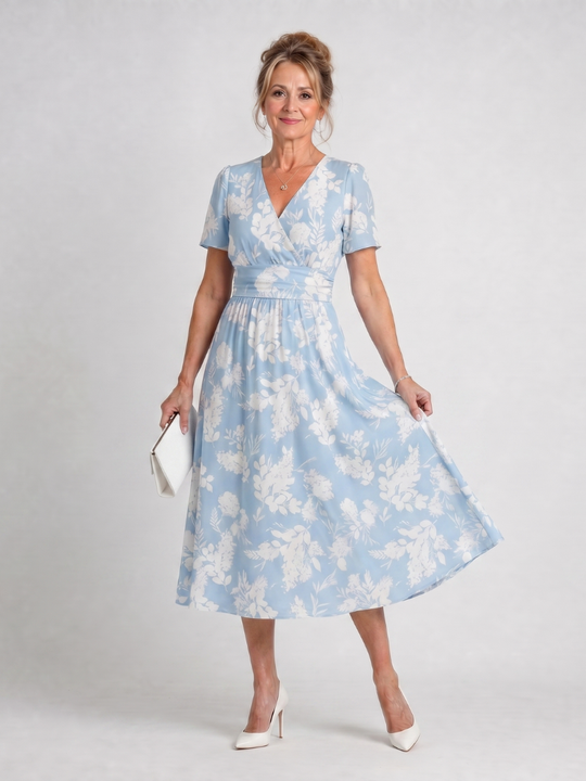 Flowing Floral V-Neck Midi Dress with Short Sleeves
