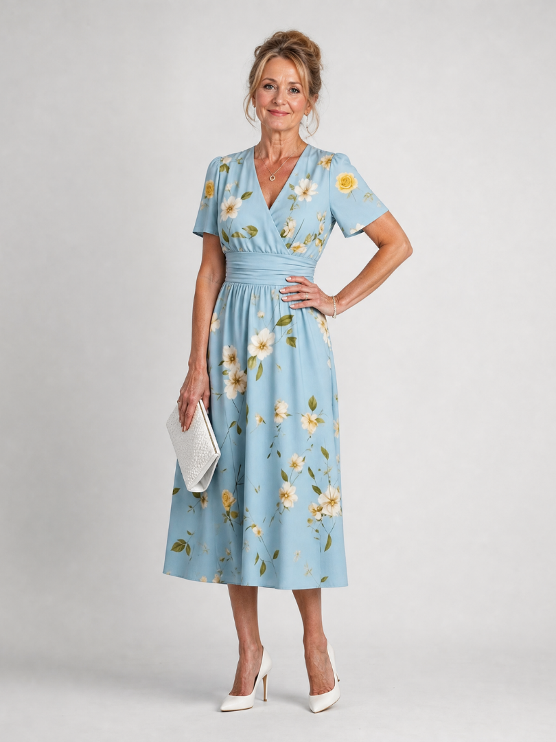 Flowing Floral V-Neck Midi Dress with Short Sleeves