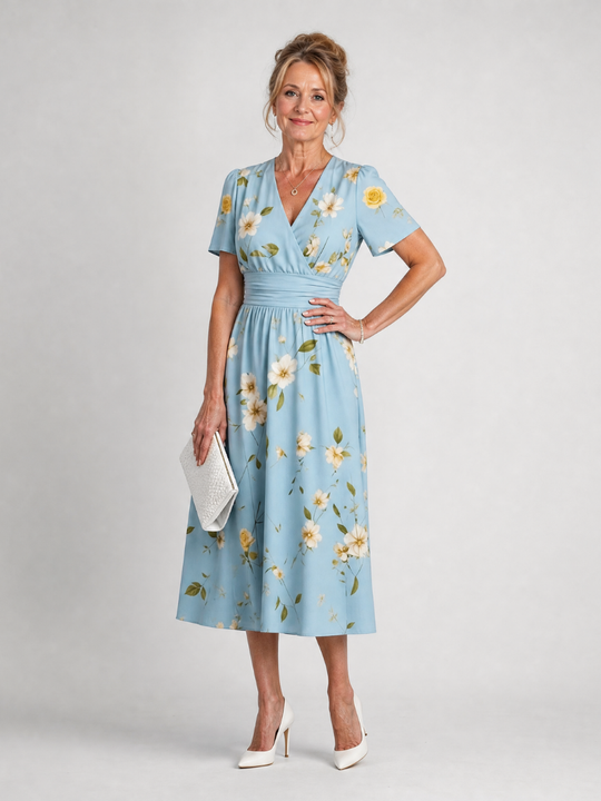 Flowing Floral V-Neck Midi Dress with Short Sleeves