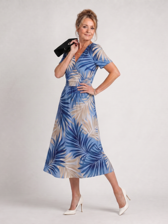 Flowing Floral V-Neck Midi Dress with Short Sleeves