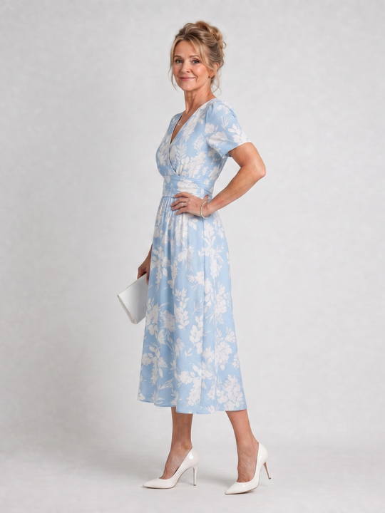 Flowing Floral V-Neck Midi Dress with Short Sleeves