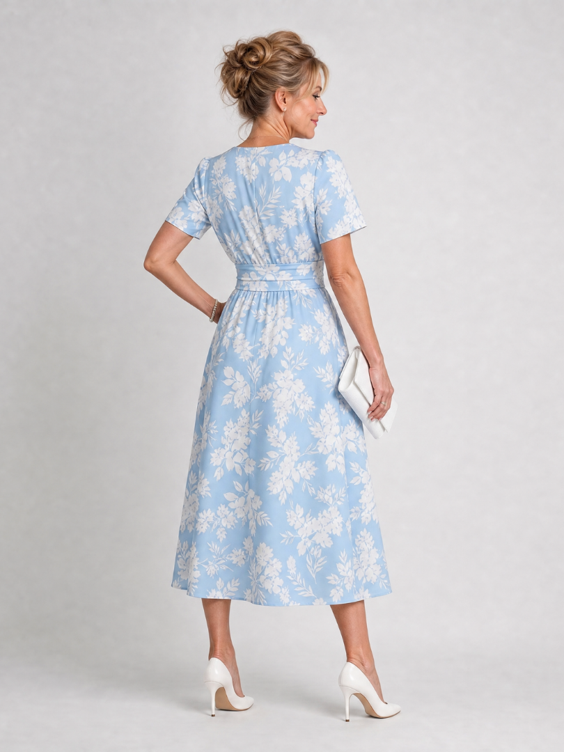 Flowing Floral V-Neck Midi Dress with Short Sleeves