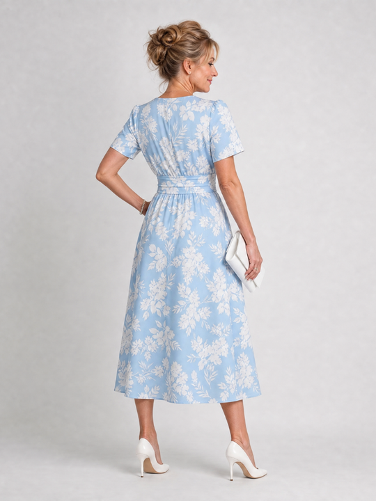 Flowing Floral V-Neck Midi Dress with Short Sleeves