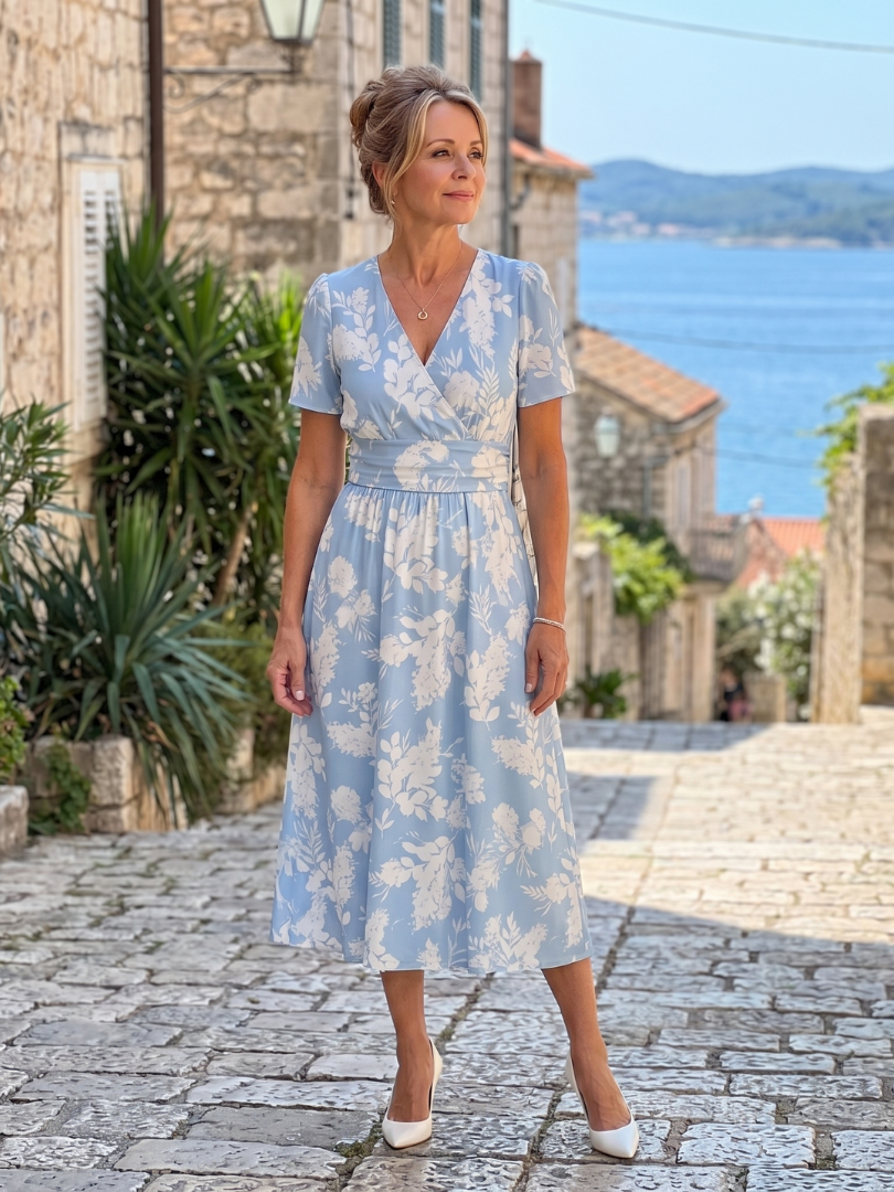 Flowing Floral V-Neck Midi Dress with Short Sleeves