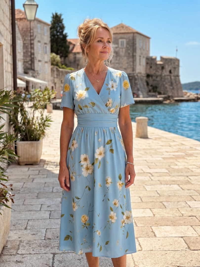 Flowing Floral V-Neck Midi Dress with Short Sleeves