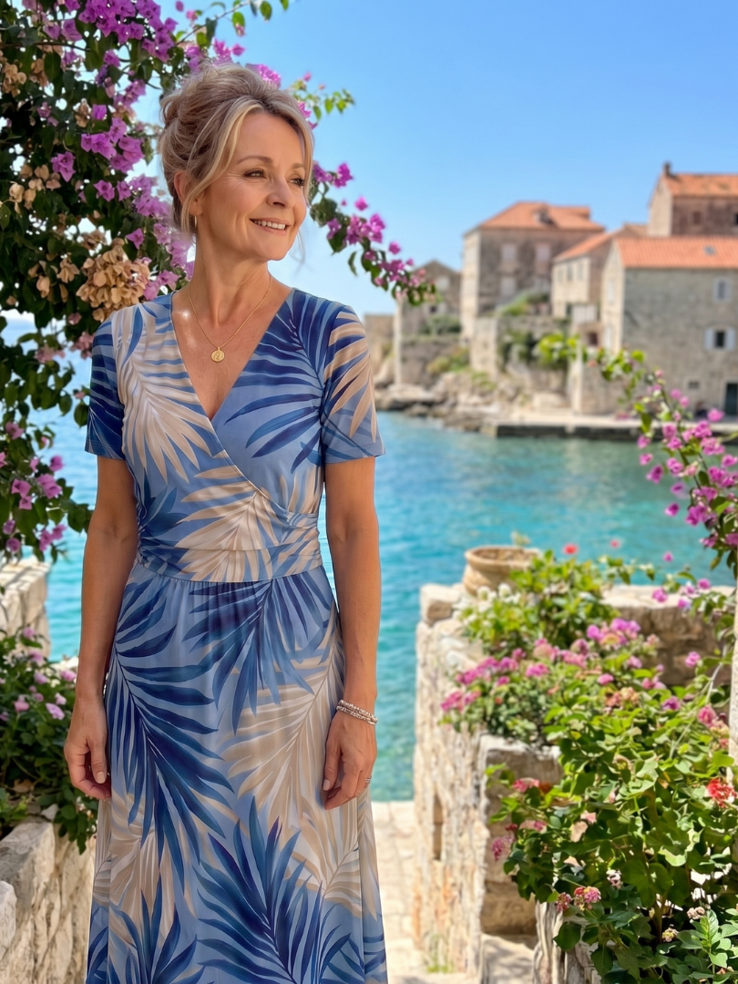 Flowing Floral V-Neck Midi Dress with Short Sleeves
