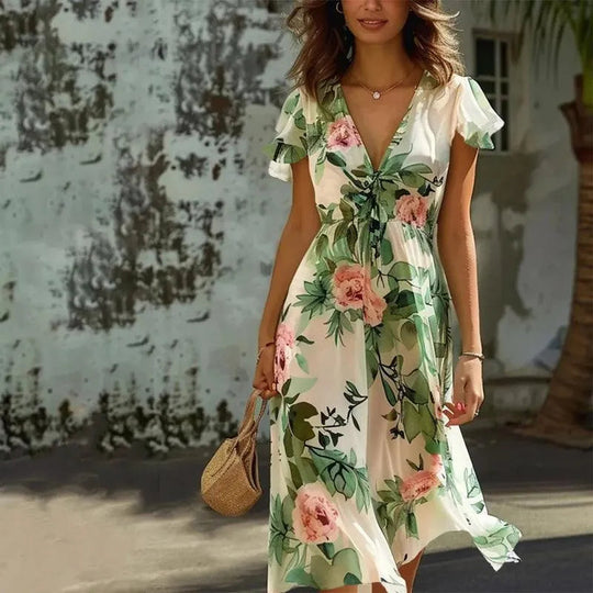 Flowing Green Floral Midi Dress for Summer
