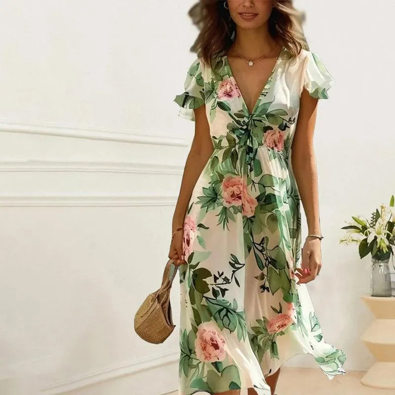 Flowing Green Floral Midi Dress for Summer
