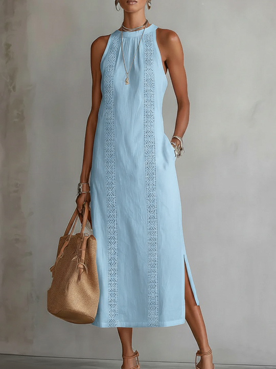 Flowing Summer Midi Dress with Mandarin Collar