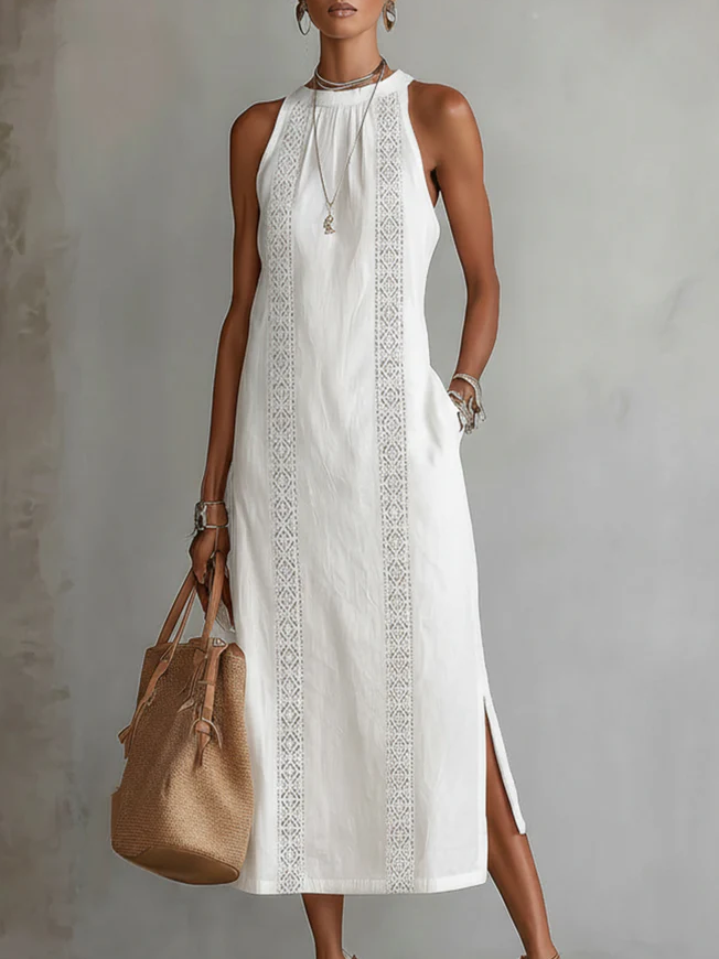 Flowing Summer Midi Dress with Mandarin Collar