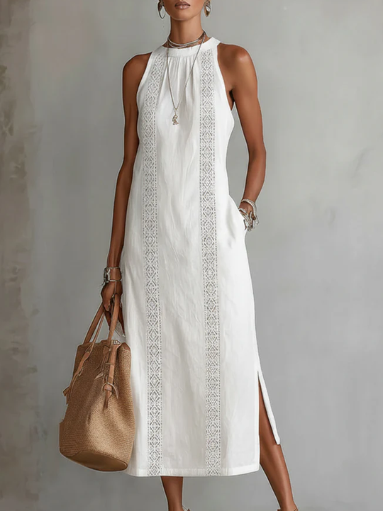 Flowing Summer Midi Dress with Mandarin Collar