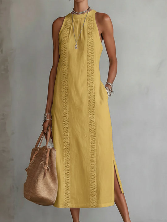 Flowing Summer Midi Dress with Mandarin Collar