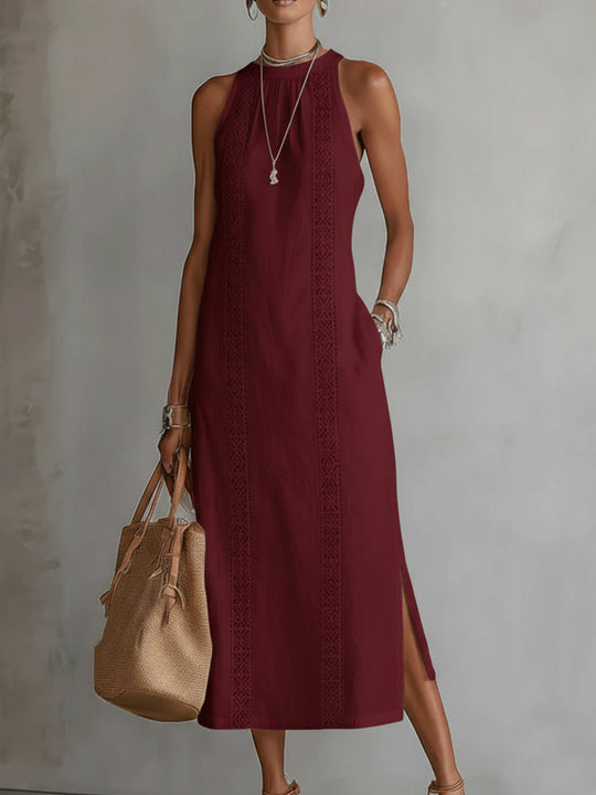 Flowing Summer Midi Dress with Mandarin Collar