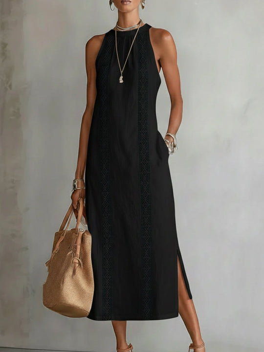 Flowing Summer Midi Dress with Mandarin Collar