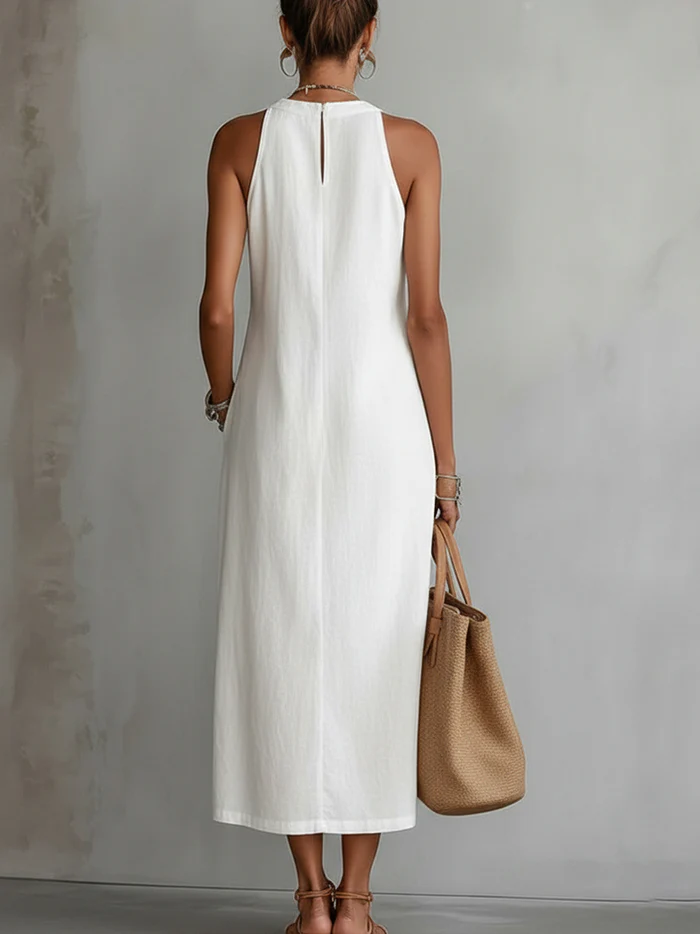 Flowing Summer Midi Dress with Mandarin Collar